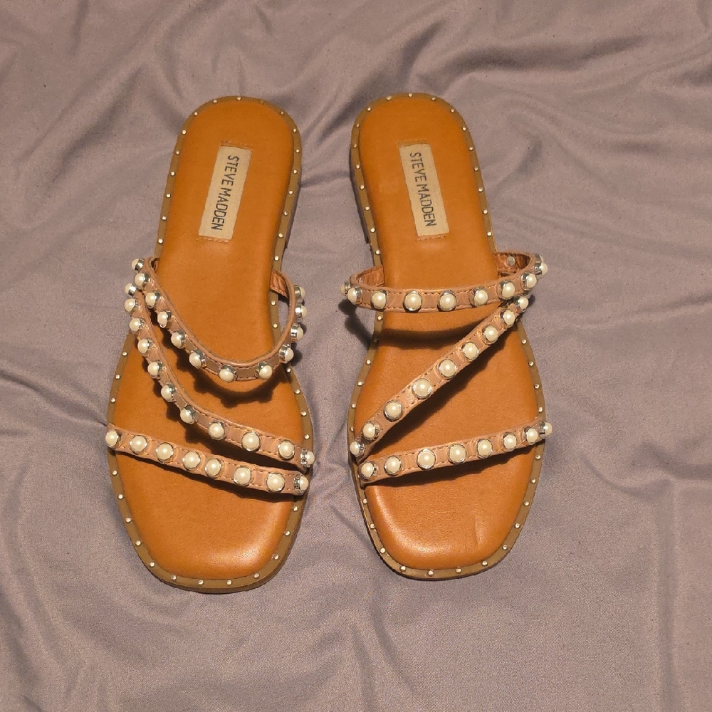 Steve Madden Brown Pearl-Trim Slide Sandals